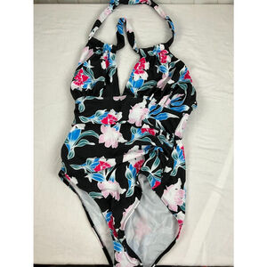 Women’s One-Piece Bathing Suit Size Large Black Floral Halter Swimsuit EUC